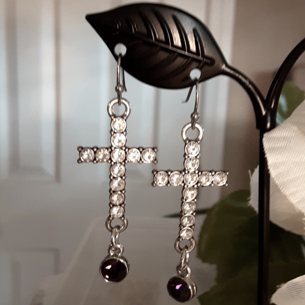 Handmade Silver and Purple Rhinestone Cross Earrings